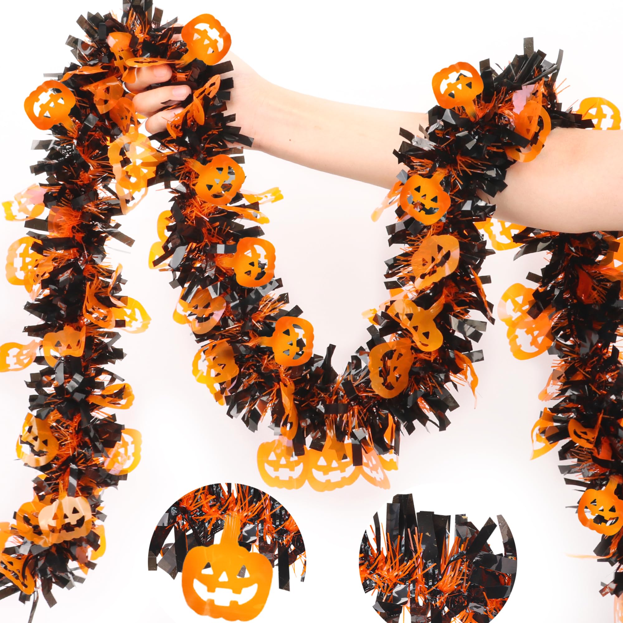 33FT Spooky Halloween Tinsel Garland with Pumpkin Bat Spider Ornament, Shiny Metallic Twist Garland Outdoor Indoor Halloween Decorations for Home Table Office Classroom Fireplace Party Decor